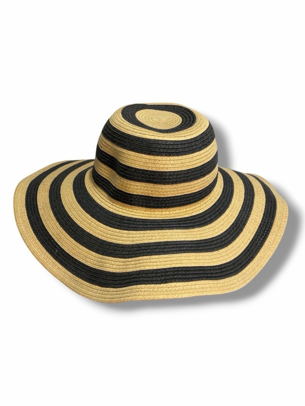 J Crew Wide Brim Straw Paper Hat Women's Black Stripes Floppy Coastal Beachy